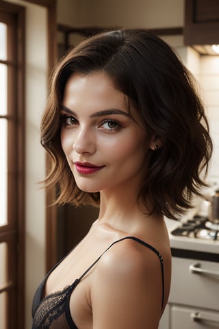 Full frame picture of A young woman with long brown hair and heart-shaped face appears in a stunning 3/4 portrait. Her piercing gaze meets the viewer's as she sports a subtle smile, bold lipstick adding sophistication to her makeup. Soft focus and natural lighting create a dreamy atmosphere, showcasing her flat-chested figure and collarbone. She wears transparent lace lingerie in her kitchen, surrounded by warm tones, inviting the viewer into her captivating world.