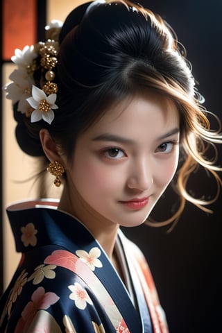 A serene, high-contrast portrait of a young woman enveloped in a majestic kimono, intricate jewelry accentuating her striking features. Softbox lighting with 4K quality diffusion creates an ethereal ambiance, emphasizing the delicate curves of her face and the subtle smile that hints at a mysterious depth. Messy hair frames her visage, while the swirling kimono unfurls around her figure against a dramatic, dark background.