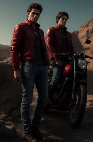 A solo male figure stands proudly on a rocky terrain, wearing a bold red jacket and jeans. He's perched beside his gleaming motorcycle, its engine roaring in the background as he strikes a pose, one hand resting on the handlebars. The warm sunlight casts a dramatic glow, highlighting the rugged landscape and his confident expression.,<lora:659111690174031528:1.0>