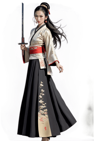A stunning Chinese warrior stands alone, her long black hair adorned with a hair ornament and tied in a high bun. Her piercing gaze meets the viewer's as she holds a gleaming sword at her upper body level. She wears a traditional Chinese dress with flowing sleeves, a sash wrapped around her waist, and dangling earrings catch the light. A small forehead mark adds to her fierce warrior demeanor.
