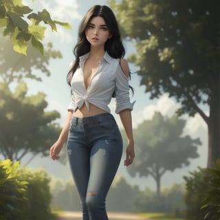 A carefree young woman stands alone in a lush outdoor setting on a bright day. Her long, black hair cascades down her back as she gazes back over her shoulder with a radiant smile. She wears a white shirt with rolled-up denim sleeves and a fitted pair of jeans that accentuate her toned physique. The camera captures her from behind, blurring the tree-lined background and focusing on her striking features, including her bright brown eyes and subtle grin. Her feet are partially out of frame, adding to the sense of depth and mystery.