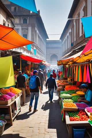 A lively street market with colorful stalls, vendors, and buyers, high photorealism, The artistic vision should match that of landscape photographer Galen Rowell. The photo is taken with an DSLR camera