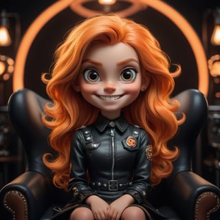 masterpiece, highly detailed full body image of ayoung girl with light gray eyes, Light orange long hair, punk hairstyle, smile, sweet and shy expression, little smile, cozy lighting, very dark background, wearing a black mini dress, sitting in a leather chair, unusual composition, use of negative space, spectral, close-up, detailed eyes, detailed mouth,LegendDarkFantasy