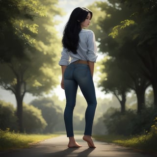 A carefree young woman stands alone in a lush outdoor setting on a bright day. Her long, black hair cascades down her back as she gazes back over her shoulder with a radiant smile. She wears a white shirt with rolled-up denim sleeves and a fitted pair of jeans that accentuate her toned physique. The camera captures her from behind, blurring the tree-lined background and focusing on her striking features, including her bright brown eyes and subtle grin. Her feet are partially out of frame, adding to the sense of depth and mystery.