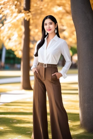 A young woman stands confidently outdoors on a sunny day, her long black hair cascading down her back. She gazes directly at the viewer with a warm smile, her medium-sized breasts evident beneath her white dress shirt with buttons. Her long sleeves are rolled up, revealing blue-shirted arms and a belt buckle. Brown eyes sparkle as she stands tall in high-waist brown pants, a subtle watermark effect adding depth of field to the image. The blurry background features a distant tree, drawing the viewer's focus to the subject's striking facial features: full lips, a defined nose, and a gaze that seems to hold yours.,ruanyi0141