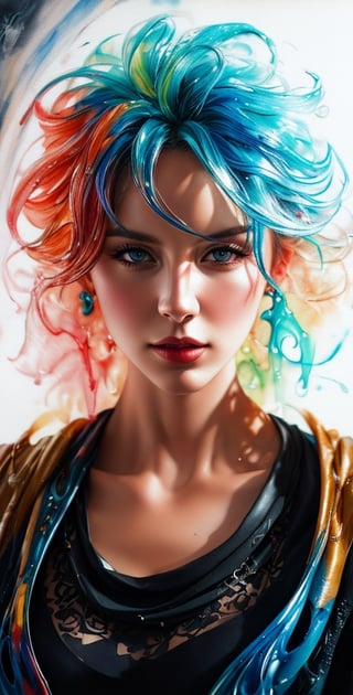 Colorful beautiful woman, Black ink flow, 8k resolution photorealistic masterpiece, intricately detailed fluid gouache painting, calligraphy acrylic, watercolor art, professional photography, natural lighting, volumetric lighting maximalist photoillustration, by marton bobzert, 8k resolution concept art intricately detailed, complex, elegant, expansive, fantastical,son goku