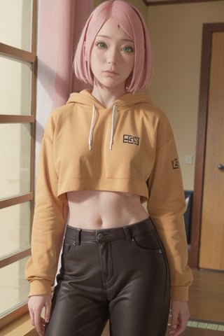 ((masterpiece, best quality)),haruno sakura,cropped hoodie underboob