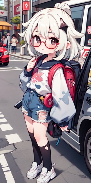 (close up camera), high quality, teenager, masterpiece, white skin, Slim body, 1girl, backpack, underage, backround, japan street, cars, cartoon, intricate details, hyperdetailed, lightroom, rich colors, More Detail, looking_at_viewer, skirt, pitbull glasses, paimondef