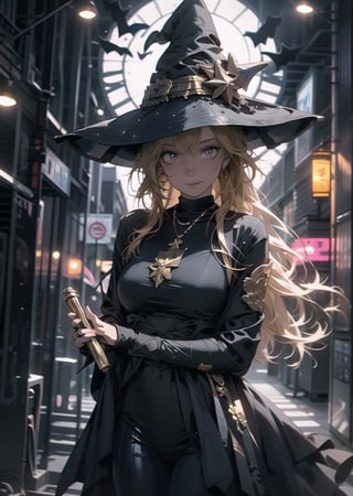 Red eyes, evil, golden, shiny, gold hair,High detailed ,midjourney,perfecteyes,Color magic,urban techwear,hmochako,better witch,witch, witch,Long hair,free style,horror (theme)