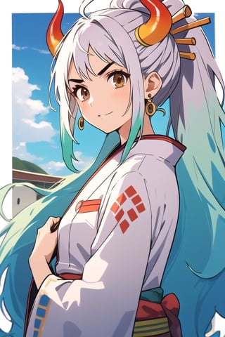 yamato, ahoge, aqua hair, (brown eyes:1.5), curled horns, earrings, green hair, grey hair, hair ornament, hair stick, high ponytail, horns, long hair, multicolored hair, multicolored horns, oni, red horns, shimenawa, sidelocks, v-shaped eyebrows, very long hair, 