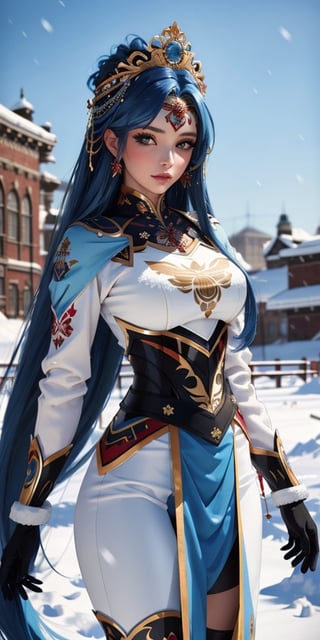 ((masterpiece, best quality))beautiful amazon girl warrior with very long blue hair on a heavy snow background 
