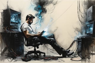 Charcoal drawing, colored crayons, black pencil drawing, pencil drawing, black and white drawing, graphite drawing,
Poster, close-up, Full body, Shadow art, sketch of a man, his legs are made of wires, computers everywhere, his body is electric, electricity, smoke, Jeremy Mann, Cedric Peyravernet, Denis Villeneuve
Style Giovanni Boldini, Edward Moran, Carl Eugene Keel, Carl Lundgren
Art by Jim Mahfood, Henry Asensio, Greg Rutkowski, Craig Davison, Jenny Saville, Bernie Wrightson, Frank Frazetta, Mysterious