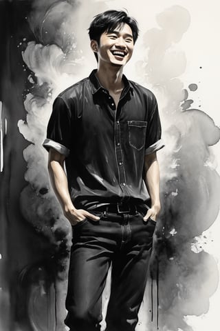 Oil painting texture, in the middle of Chinese ink, ink style, full body, An ancient Chinese man, black short hair, shy, Wearing a black and white shirt and black jean,Covering your mouth with one hand and laughing, standing,soft light, atmosphere lighting, Full Length Shot, high detail, hyper-detailed, character concept art, perfect surreal composition, best quality
