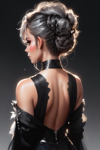 back view of a gorgeous, beautiful, supermodel, crispy messy updo hair, {{silver and black long evening outfit}}, dark background, cinematic light, perfect face, perfect body , Watercolor, trending on artstation, sharp focus, studio photo, intricate details, highly detailed, by greg rutkowski