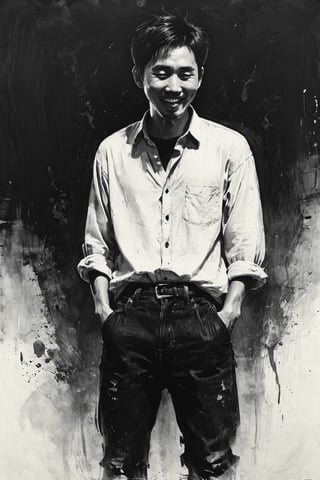 Oil painting texture, in the middle of Chinese ink, ink style, full body, An ancient Chinese man, black short hair, shy, Wearing a black and white shirt and black jean,Covering your mouth with one hand and laughing, standing,soft light, atmosphere lighting, Full Length Shot, high detail, hyper-detailed, character concept art, perfect surreal composition, best quality