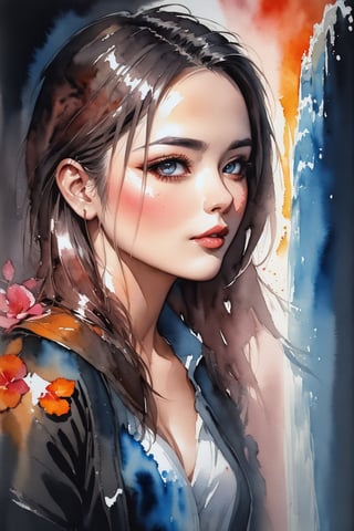 j, RTX, 8k, HDR, best quality, cinematic story, (masterpiece), Andrey Atroshenko, Tanya Shatseva, Ross Tran, Anna Razumovskaya, realistic art, digital illustration, portrait, bright rich colors, alcohol ink drawing, watercolor, oil paints, black background, digital art,Vietnamese woman in waterfall, flowers, lotues, sakura, profile,Splash, ink stain, flow, Watercolor,