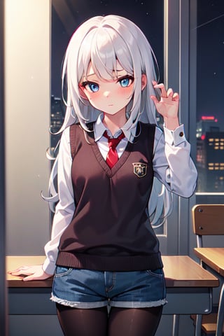 one girl,white hair, long hair, long bangs,sky blue eyes,beautiful eyes,perfect body,white shirt long sleeves,dark brown sweater vest,long red tie,shorts (denim texture),black pantyhose,shy pose,in a school room,night,povbathinfront,SushangV4