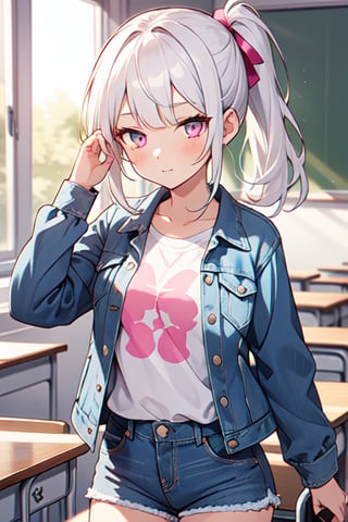 one girl,white hair, long hair,pony tail tied into blue ribbon,long bangs,pink eyes, beautiful eyes,perfect body, white t-shirt into a open denim jacket long sleeves,pink shorts(denim texture),shy pose, in school room