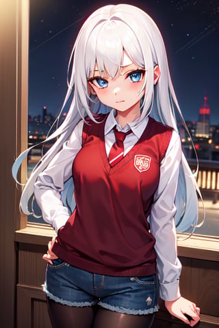 one girl,white hair, long hair, long bangs,sky blue eyes,beautiful eyes,perfect body,white shirt long sleeves,dark brown sweater vest,long red tie,red shorts(denim texture),black pantyhose,shy pose,in a school room,night,povbathinfront,SushangV4