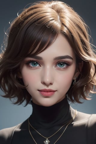 Intricate portrait of gorgeous Shirley setia , jet black, short curly hair, bushy eyebrows, long eyelashes, large green eyes, mischievous nose, medium mouth, full lips, and fair smooth skin, fantasy, dramatic makeup, intricate, stunning, highly detailed girl by artgerm and edouard bisson, highly detailed oil painting, wears a light brown turtleneck top with a small diamond pendant. On a light blue background. There are subtle shadows that add depth to the painting mischievous smile