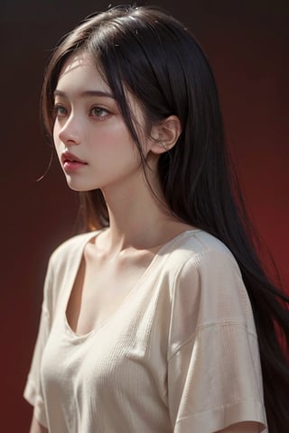 a 20 yo woman,long hair,dark theme, soothing tones, muted colors, high contrast, (natural skin texture, hyperrealism, soft light, sharp),red background,simple background, 