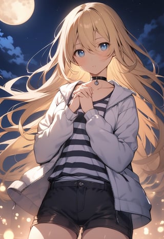 1girl, solo, long hair, looking at viewer, blue eyes, blonde hair, shirt, hair between eyes, very long hair, standing, collarbone, jacket, cowboy shot, open clothes, sky, shorts, choker, striped, bag, open jacket, short shorts, night, floating hair, black shorts, moon, white jacket, own hands together, full moon, striped shirt, own hands clasped, mid, masterpiece, best quality