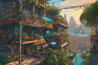 scenery, raypunk land, sci-fi, Rio de Janeiro, Brazil, 2D, video game designer, hyper detailed illustration, extremely detailed illustration, hyper intricate
