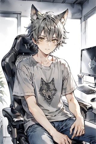 masterpiece, best quality, aesthetic, 1boy, solo, short gray hair, yellow eyes, sitting on gaming chair, in front gaming desktop, indoors, top shirt in black, demin pants, wolf ears, upper body, neutral face, looking at viewer