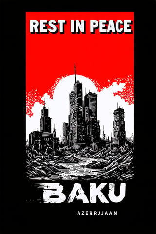 A detailed vector illustration of a supernatural horror book cover image with text "Rest in Peace", post-apocalyptic ruin city for Baku, Azerbaijan, black and red background