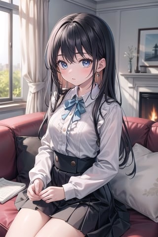 ((masterpiece, best quality)), 1girl, long hair, black hair, light blue eyes, blouse, ruffled skirt, indoors, living room