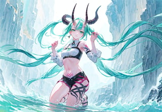 best_quality,highres,extremely_detailed, 1girl,beautiful_face,navel,light_aqua_hair,very_long_hair,full_body, ,obscenity_tattoo,windmage,aqua_tattoo,green_tattoo,waist_tattoo,neck_tattoo, village_succubus,wings,horns,tail, BREAK official_art,watercolor_\(medium\),fantasy, flying,waterfal,canyon,valley,magical_girl,GGAS_Box,,Kafka(character)