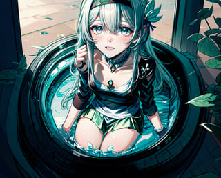 monochrome,grayscale,watercolor,masterpiece:2,((best quality)),highres,((looking_at_viewer)),1girl,solo,from above,
a gril sitting in a pool of lotus,leaves,perspective,depth of fields,sitting,water,
grey hair,long hair,hair ornament,black hairband,blue eyes,long sleeves,green skirt,green thighhighs,smile,