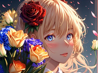 profile, 1girl, 1boy, long hair, looking at another, blue eyes, eye contact, short hair, shirt, collared shirt,Background of Flower Sea,Super clear, Rose jewelry,A man and a woman, Love head, blindfold,fashion_girl,midjourney,Peach blossoms, cherry blossoms, monthly flowers, roses, roses, red roses, carnations, beige carnations, tulips, yellow tulips