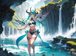 best_quality,highres,extremely_detailed, 1girl,beautiful_face,navel,light_aqua_hair,very_long_hair,full_body, ,obscenity_tattoo,windmage,aqua_tattoo,green_tattoo,waist_tattoo,neck_tattoo, village_succubus,wings,horns,tail, BREAK official_art,watercolor_\(medium\),fantasy, flying,waterfal,canyon,valley,magical_girl,GGAS_Box,,