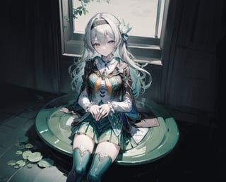 monochrome,grayscale,watercolor,masterpiece:2,((best quality)),highres,((looking_at_viewer)),1girl,solo,from above,
a gril sitting in a pool of lotus,leaves,perspective,depth of fields,sitting,water,
grey hair,long hair,hair ornament,black hairband,blue eyes,long sleeves,green skirt,green thighhighs,smile,