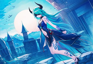 best_quality,highres,extremely_detailed, 1girl,beautiful_face,navel,light_aqua_hair,very_long_hair,full_body, ,obscenity_tattoo,windmage,aqua_tattoo,green_tattoo,waist_tattoo,neck_tattoo, village_succubus,wings,horns,tail, BREAK official_art,watercolor_\(medium\),fantasy, flying,waterfal,canyon,valley,magical_girl,GGAS_Box,,black nightgown,Circle, blindfold