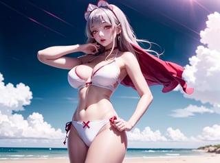 1girl,solo,cross-laced bikini, white bikini,blush, hand on hip,bare arms, bare legs, huge breasts, maid headdress, white hair,long hair,red eyes,collarbone, standing,cowboy shot, strapless, underboob,seaside,blue sky, 