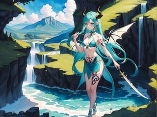 best_quality,highres,extremely_detailed, 1girl,beautiful_face,navel,light_aqua_hair,very_long_hair,full_body, ,obscenity_tattoo,windmage,aqua_tattoo,green_tattoo,waist_tattoo,neck_tattoo, village_succubus,wings,horns,tail, BREAK official_art,watercolor_\(medium\),fantasy, flying,waterfal,canyon,valley,magical_girl,GGAS_Box,