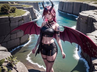 best_quality,highres,extremely_detailed, 1girl,beautiful_face,navel,light_aqua_hair,very_long_hair,full_body, ,obscenity_tattoo,windmage,aqua_tattoo,green_tattoo,waist_tattoo,neck_tattoo, village_succubus,wings,horns,tail, BREAK official_art,watercolor_\(medium\),fantasy, flying,waterfal,canyon,valley,magical_girl,