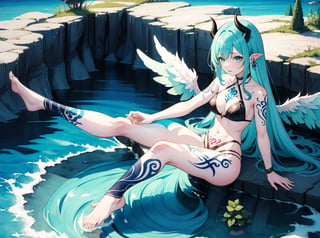 best_quality,highres,extremely_detailed, 1girl,beautiful_face,navel,light_aqua_hair,very_long_hair,full_body, ,obscenity_tattoo,windmage,aqua_tattoo,green_tattoo,waist_tattoo,neck_tattoo, village_succubus,wings,horns,tail, BREAK official_art,watercolor_\(medium\),fantasy, flying,waterfal,canyon,valley,magical_girl,GGAS_Box,,solo folded anal