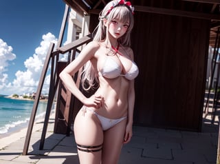 1girl,solo,cross-laced bikini, white bikini,blush, hand on hip,bare arms, bare legs, huge breasts, maid headdress, white hair,long hair,red eyes,collarbone, standing,cowboy shot, strapless, underboob,seaside,blue sky, 