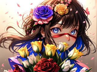 profile, 1girl, 1boy, long hair, looking at another, blue eyes, eye contact, short hair, shirt, collared shirt,Background of Flower Sea,Super clear, Rose jewelry,A man and a woman, Love head, blindfold,fashion_girl,midjourney,Peach blossoms, cherry blossoms, monthly flowers, roses, roses, red roses, carnations, beige carnations, tulips, yellow tulips