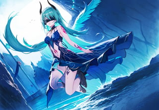 best_quality,highres,extremely_detailed, 1girl,beautiful_face,navel,light_aqua_hair,very_long_hair,full_body, ,obscenity_tattoo,windmage,aqua_tattoo,green_tattoo,waist_tattoo,neck_tattoo, village_succubus,wings,horns,tail, BREAK official_art,watercolor_\(medium\),fantasy, flying,waterfal,canyon,valley,magical_girl,GGAS_Box,,black nightgown,Circle, blindfold