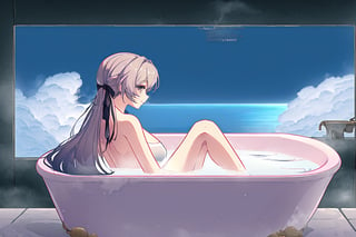8K image quality, high-definition animation, ultra-high-definition rendering, (single woman), (outside gravel terrace: 1.5), (composition of the back view of a woman in a bathtub overlooking the sea: 1.5), large black square Bathtub, (Profile with upper body out of the bathtub and looking to the right: 1.5), Smiling profile, Hair tied up at the back, (Hand placed on top of the bathtub), (Steam from the bathtub: 1.5),robin