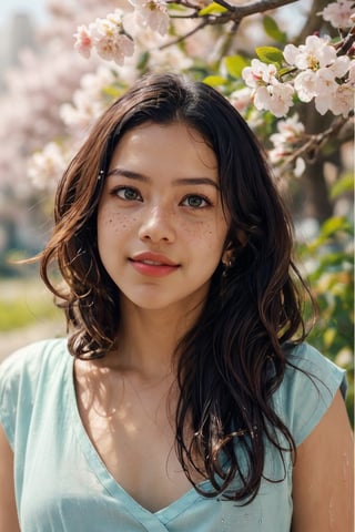 1girl, solo, realistic wet skin, light particle, long hair, looking at viewer, brown hair, jewelry, green eyes, upper body, flower, outdoors, parted lips, day, blurry, lips, petals, depth of field, facial mark, cherry blossoms, wind, freckles, nose, branch, Energy light particle mecha,Light particle,slim fit,Light particles and spark,Mallu