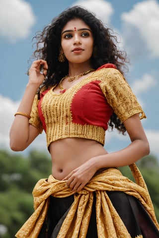 Create a realistic beautiful picture of ((Mallu girl:1.2)), curly hair, cinematic blue yellow colour grading, 16k, shot on ((Fujifilm)) tx3, traditional ornaments:1.5, gold necklace, earrings,sexy, perfect eyes, slim, rise two hands:1.1, (((gold chain gold necklace)))(((gold ornaments on her hip)))), Indian, 1girl, solo, long hair, breasts, shirt, black hair, thighhighs, navel, cowboy shot, sky, midriff, cloud,, arm up, lips, crop top, cloudy sky, fire, lace trim, lace, realistic, lace-trimmed legwear, photorealistic,aodai cyber,FUJI,Mallu