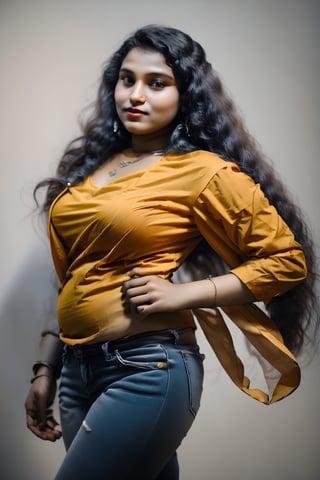 Raw photo, realistic, 20 year old  woman,   thick waist, long curly brown hair, movie scene, cinematic, navel, high-quality, ultra-detailed, professionally color graded, professional photography.  ( hard light:1.2), (volumetric:1.2), well-lit, double exposure, award-winning photograph, happy_face, Fast shutter speed, 1/1000 sec shutter, salwar, yellow cloth, sleeveless,18 year old girl,1 girl,CyberpunkWorld,Sexy Pose,20 year old girl,1girl,REALISTIC,Mallugirl,Brown tone Beauty,Future girl,Indian girl,29yo girl,29yo girl ,28yo girl ,Mallu