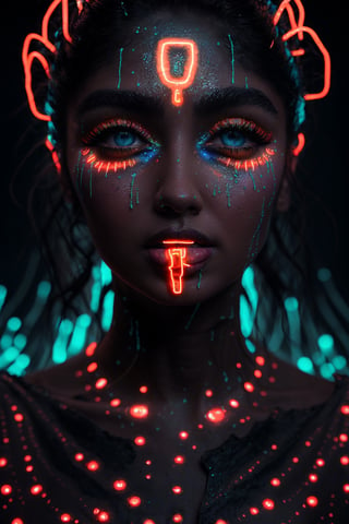 ((Beautiful women)), best quality,  8k,  ultra-detailed,  realistic:1.37,  vibrant colors,  vivid shading,  breathtaking portrait of an alien shapeshifter entity,  mesmerizing eyes,  intricate facial details,  otherworldly skin texture,  insane smile,  unnerving and intricate complexity,  surreal horror atmosphere,  dark shadows, ((( inverted neon rainbow drip paint)), ((( ethereal glow,  hypnotic energy, )))), transcendent beauty,  mystical aura,  octane render,,Realism,photorealistic,27yo women,Mallu,Bio Glowin neon line and dots on skin 