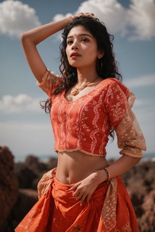 Create a realistic beautiful picture of ((Mallu girl)), cinematic colour grading, 16k, shot on Sony red cemara, traditional ornaments:1.5, gold necklace, earrings, gold ornaments on her hip, Indian, 1girl, solo, long hair, breasts, shirt, black hair, thighhighs, navel, cowboy shot, sky, midriff, cloud,, arm up, lips, crop top, cloudy sky, fire, lace trim, lace, realistic, lace-trimmed legwear, photorealistic,aodai cyber,FUJI