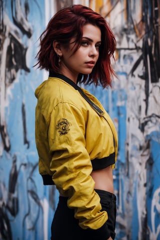 Best quality, masterpiece, woman,  side_breast, bare_midriff , red hair, short hair, yellow eyes, spiky hair, tattoos, black pants, upper body, ear piercings, blue and white bomber jacket, profile picture, ,27 yo